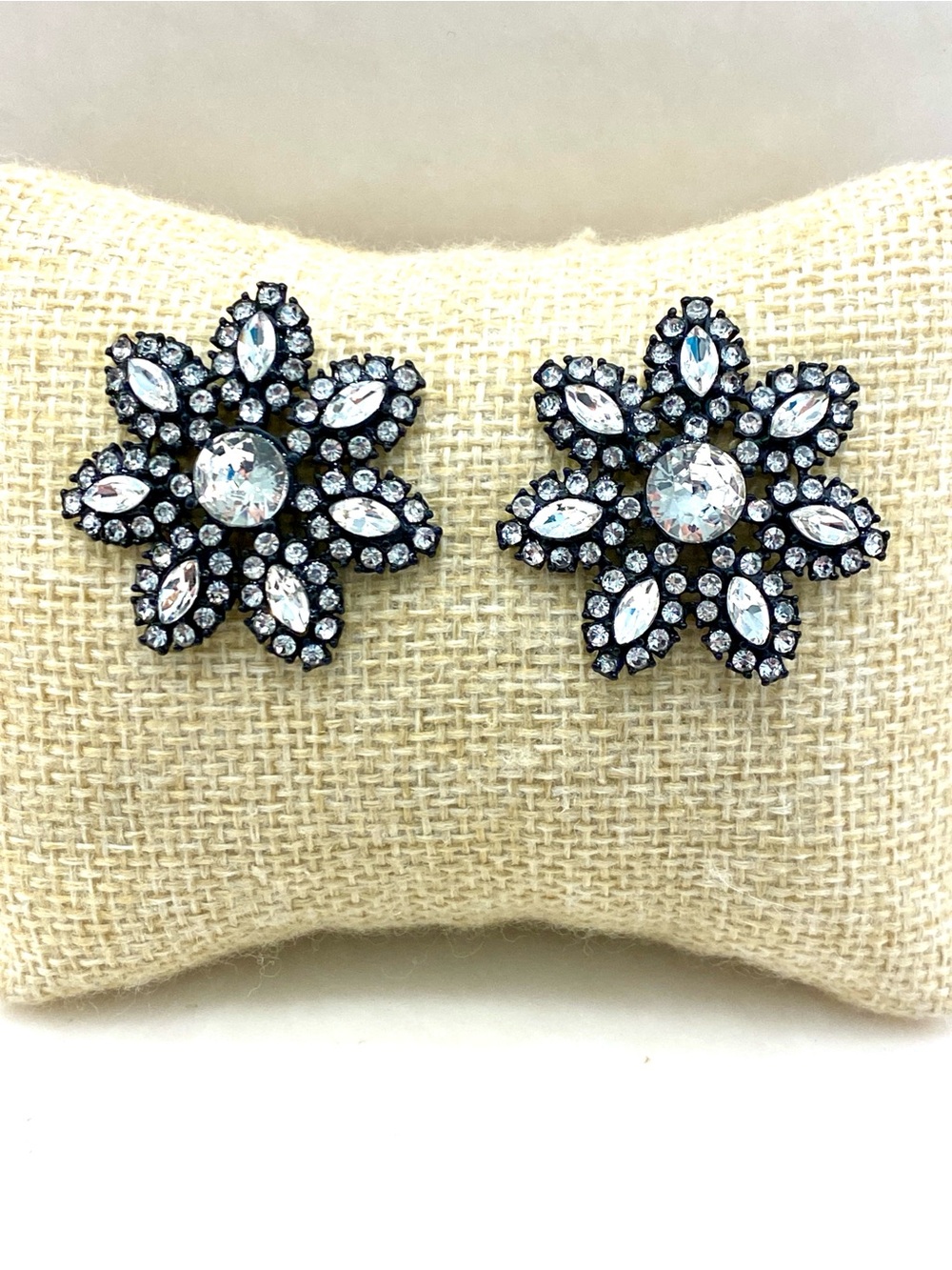 J. Crew Black and Clear Crystal Floral Statement Stud Earrings